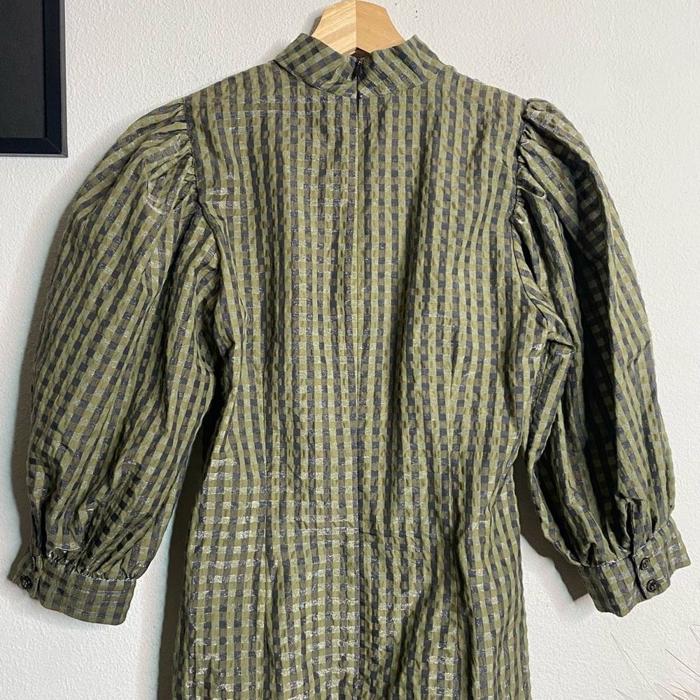 GANNI Dress Seersucker Gingham Mini Dress Green Size 34 - Picture 9 of 11
